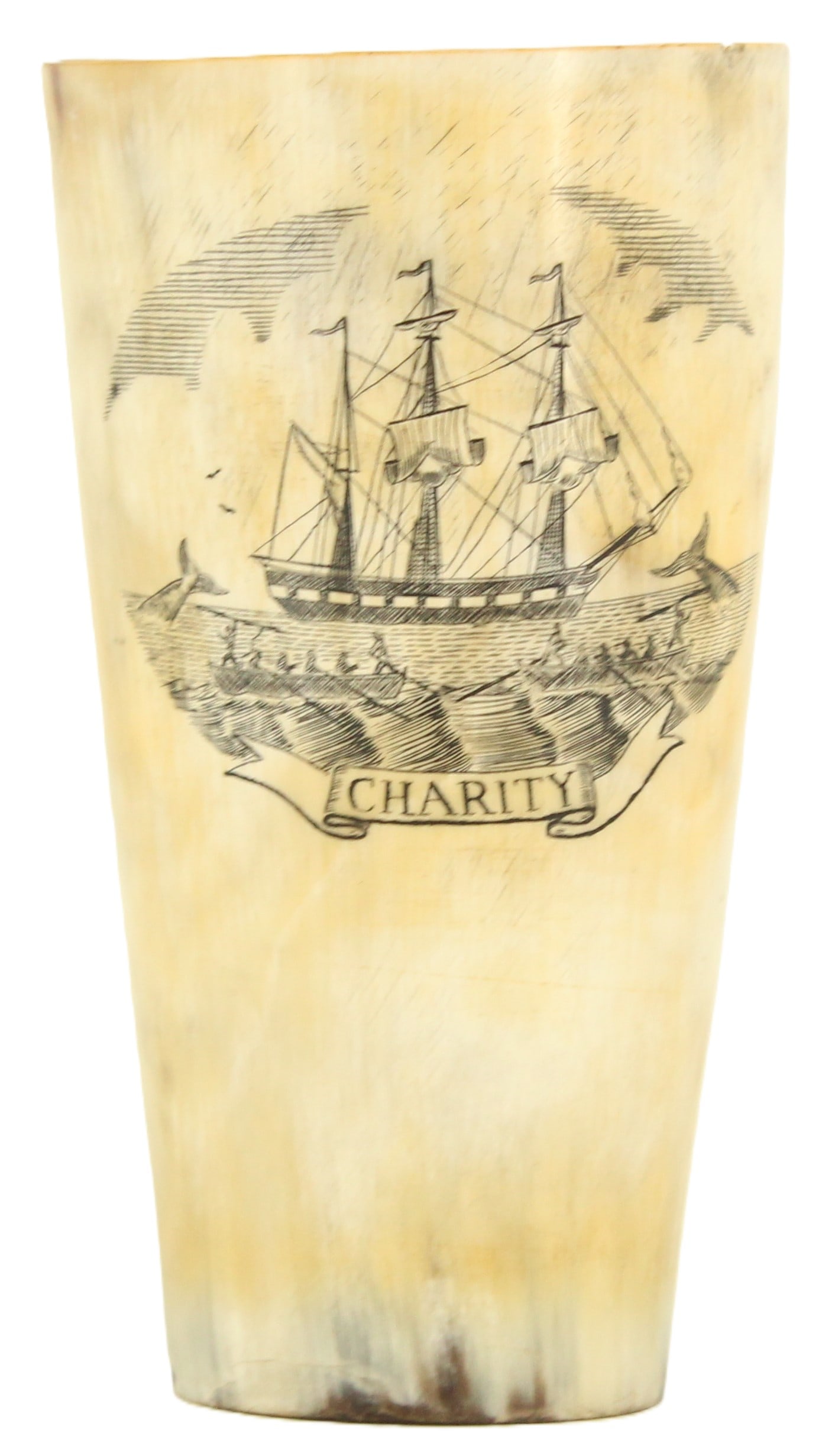 American Whaling Scrimshaw Drinking Horn Beaker with Ship Scene: American Whaling Scrimshaw Drinking Horn Beaker with Ship Scene. Shows the vessel Charity on the waves with whaling boats and breaching whales around her. The Nantucket Historical Association has a lo