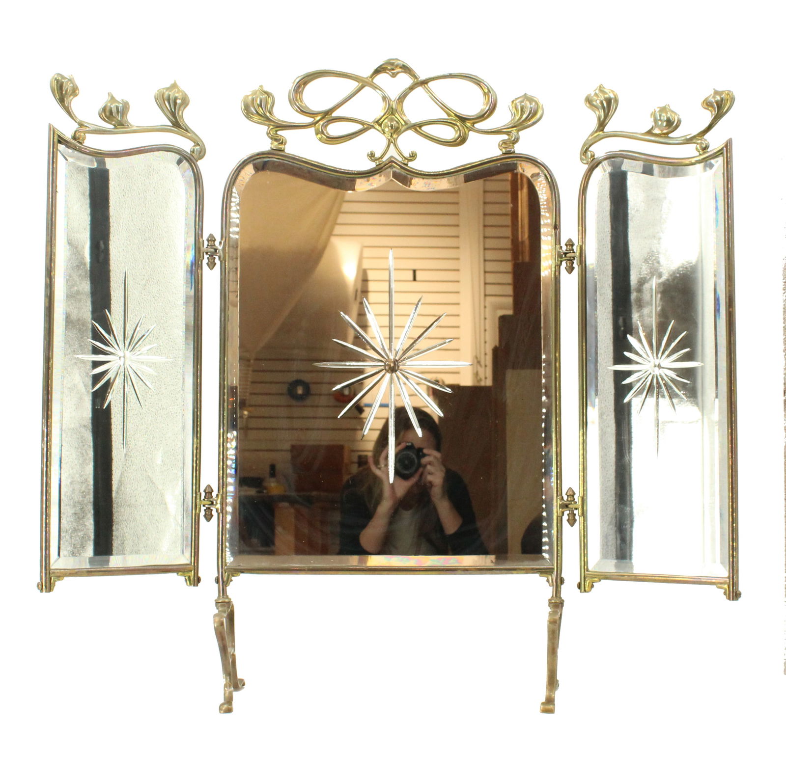 English Brass and Etched Mirror 3 Panel 1880 Fireplace Screen (1 of 20)
