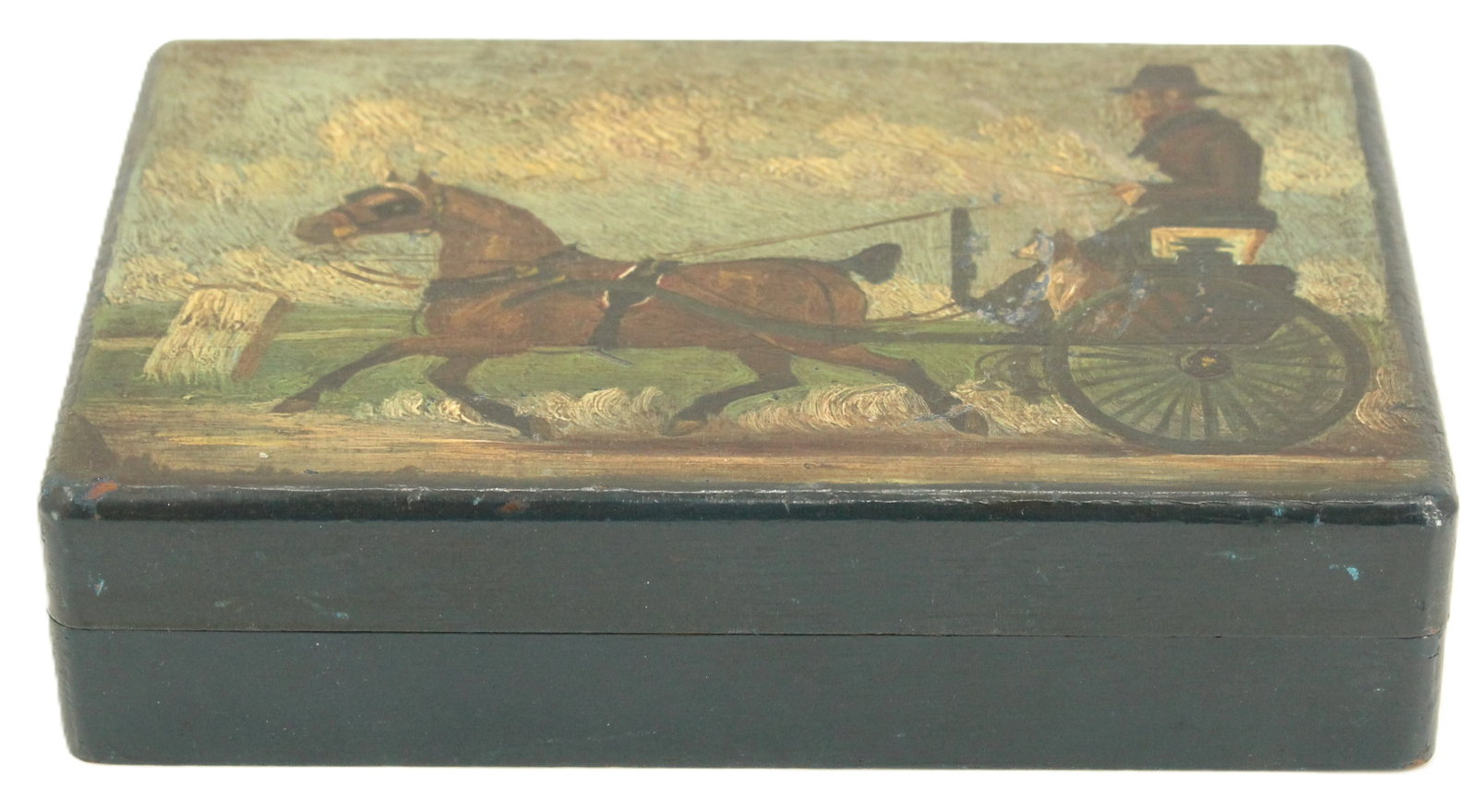 English Hand Painted Wood Treasure Box: English Hand Painted Wood Treasure Box. Image on lid painted after "The Road" from 1825 by Owen Bailey (18th/19th Century), an English engraver. Depicts a horse pulling a short one-whee
