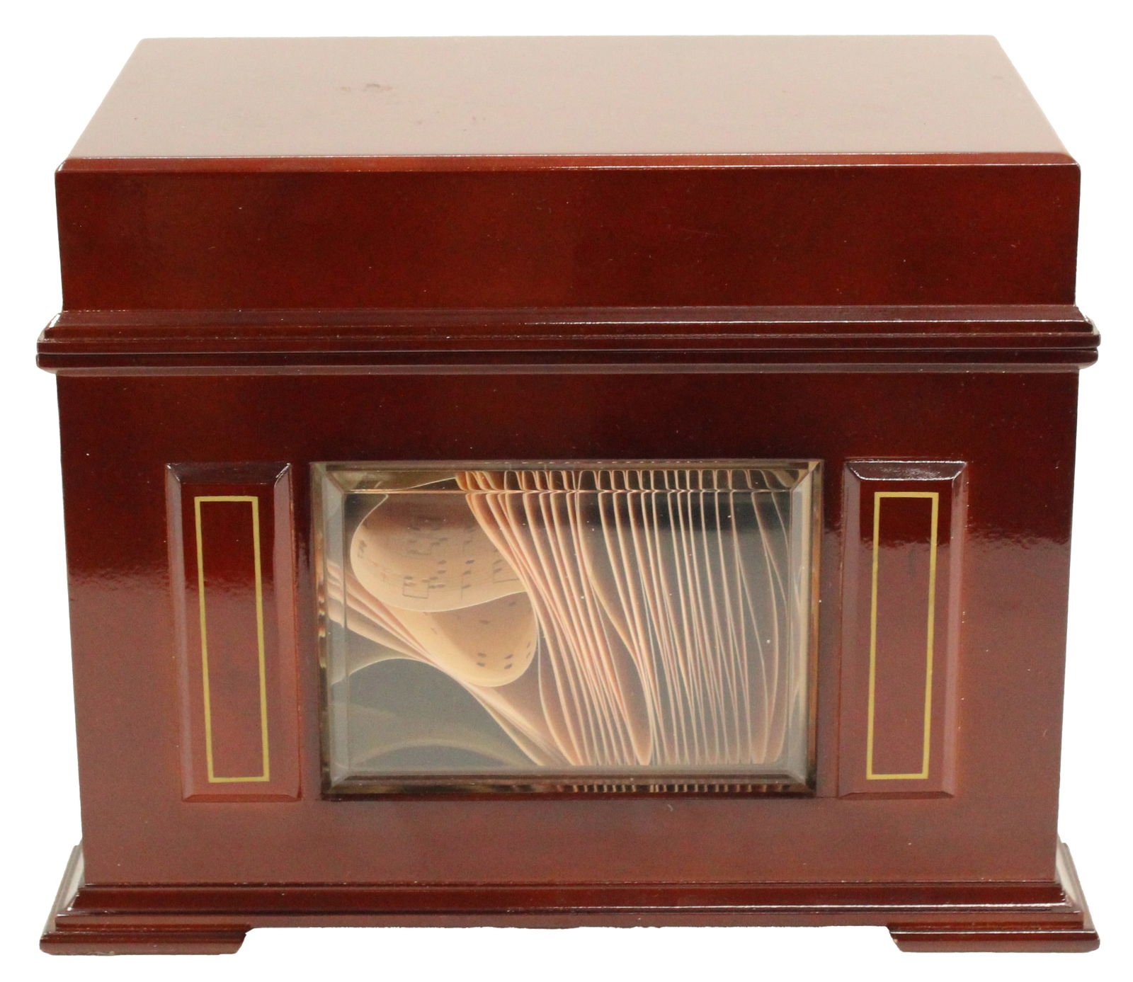 Electric Wooden Music Box AS IS: Electric Wooden Music Box AS IS. Cherry wood finish on outside, idyllic sleighing scene on inside of lid, glass plate on front to view the moving sheets with the holes on them. Connecting cord attache