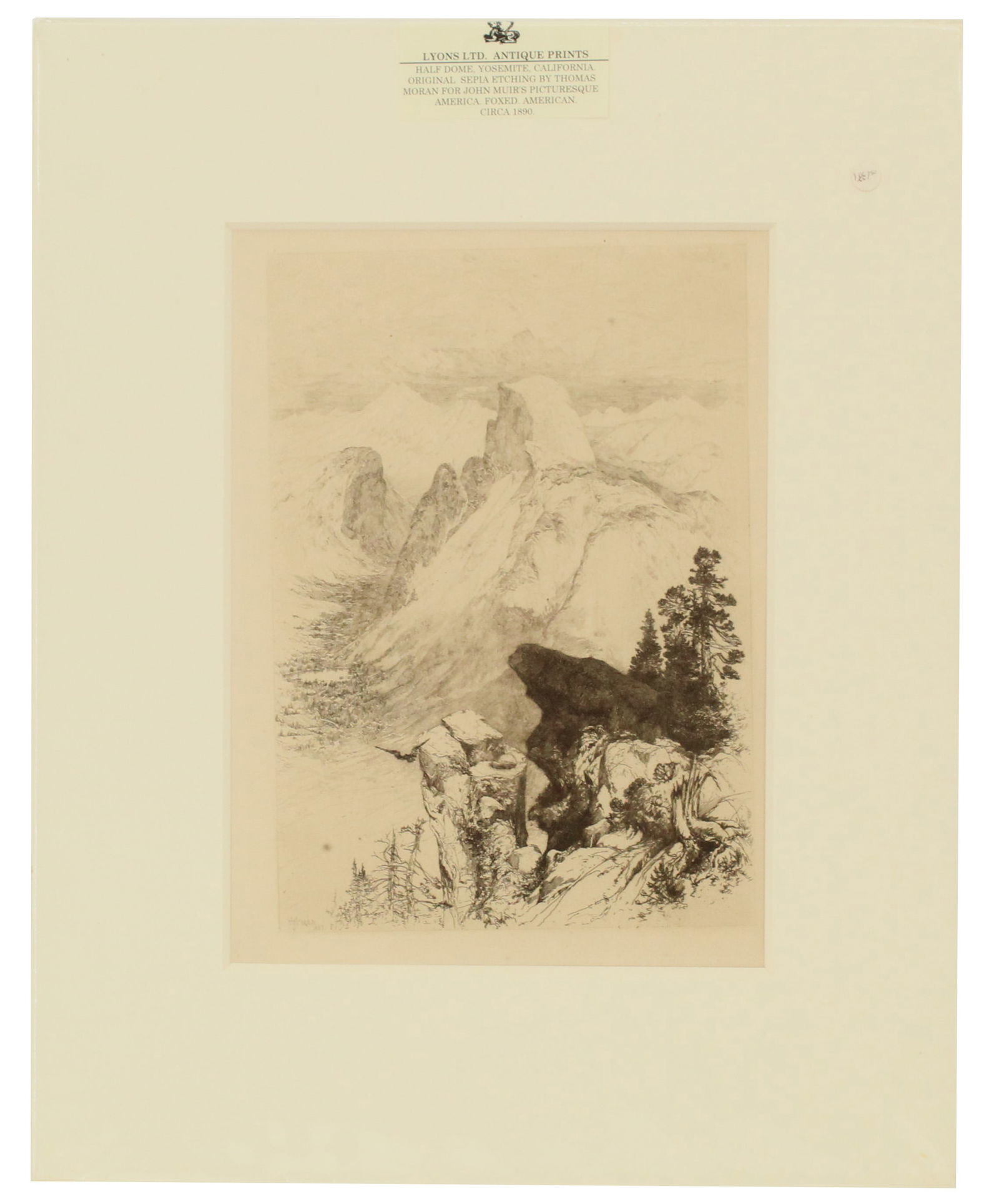 Thomas Moran (1837-1926) American, "Half Dome at Yosemite" Etching: Thomas Moran (American 1837-1926) "Half Dome at Yosemite" Etching. Signed in plate. Overall Size: 20 x 16 in. Sight Size: 12 5/8 x 9 in. #4866