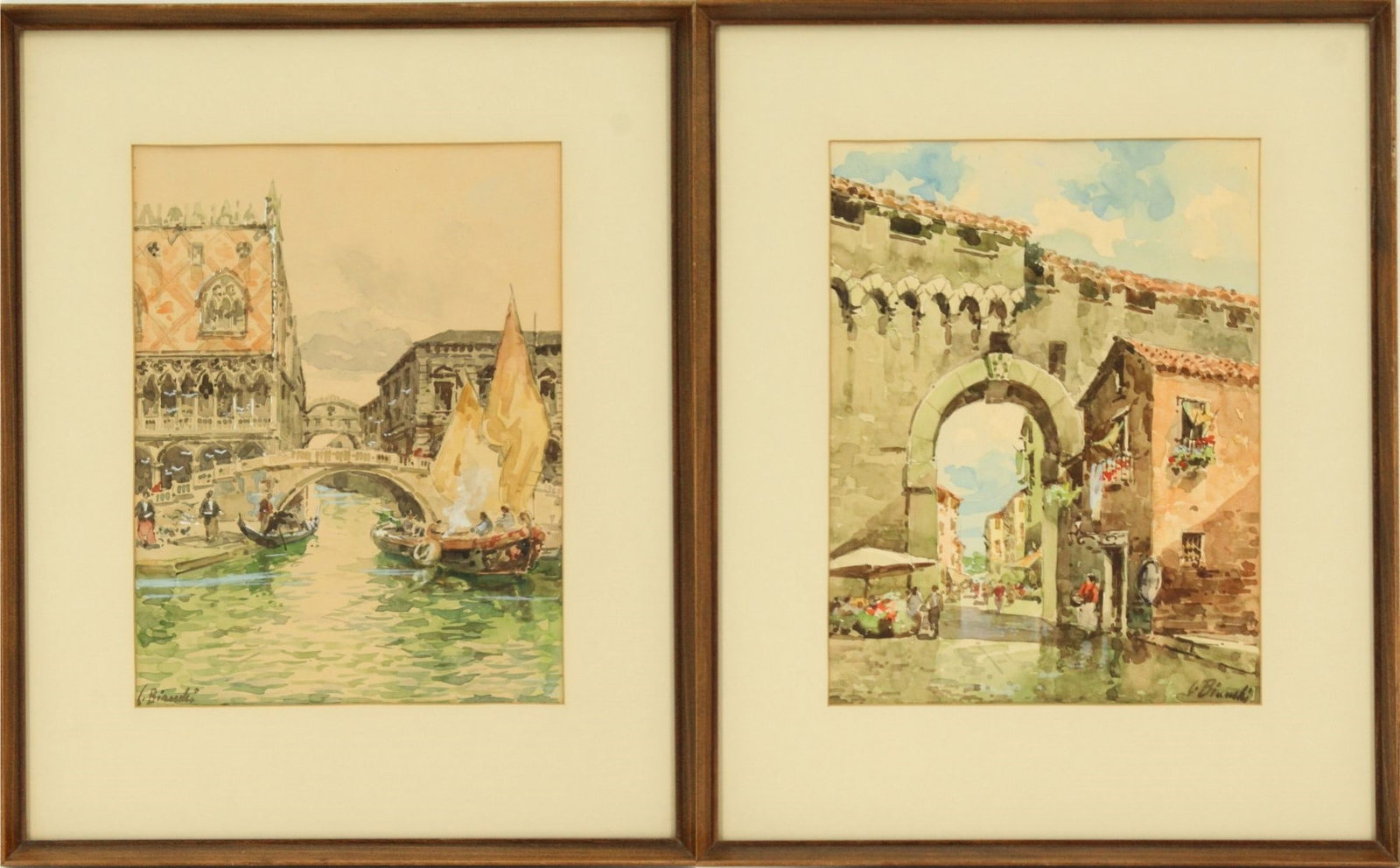 (2) Pair of Venice Watercolors by Bianchi: (2) Pair of Venice Watercolors by Bianchi. Both signed. One at a canal scene with gondolas. The other a street scene with cafe. Early to mid 20th Century watercolor on paper. Overall Size: 