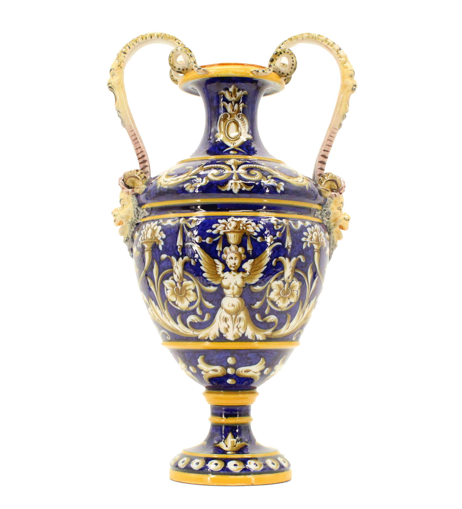 Large Richard Ginori Majolica Porcelain Amphora Vase: Antique footed porcelain amphora vase by Richard-Ginori coated in a majolica glaze and serpentine handles attached to vase body with satyr faces. Depicting imagery of female winged figure amid flowers
