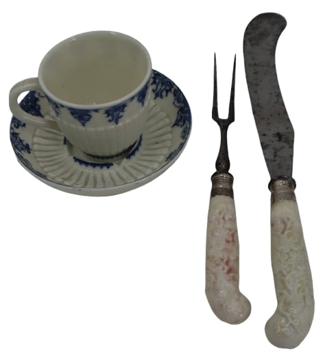 18th Century Saint Cloud Trembleuse Cup, Saucer, Chelsea Fork, and Knife (1 of 19)
