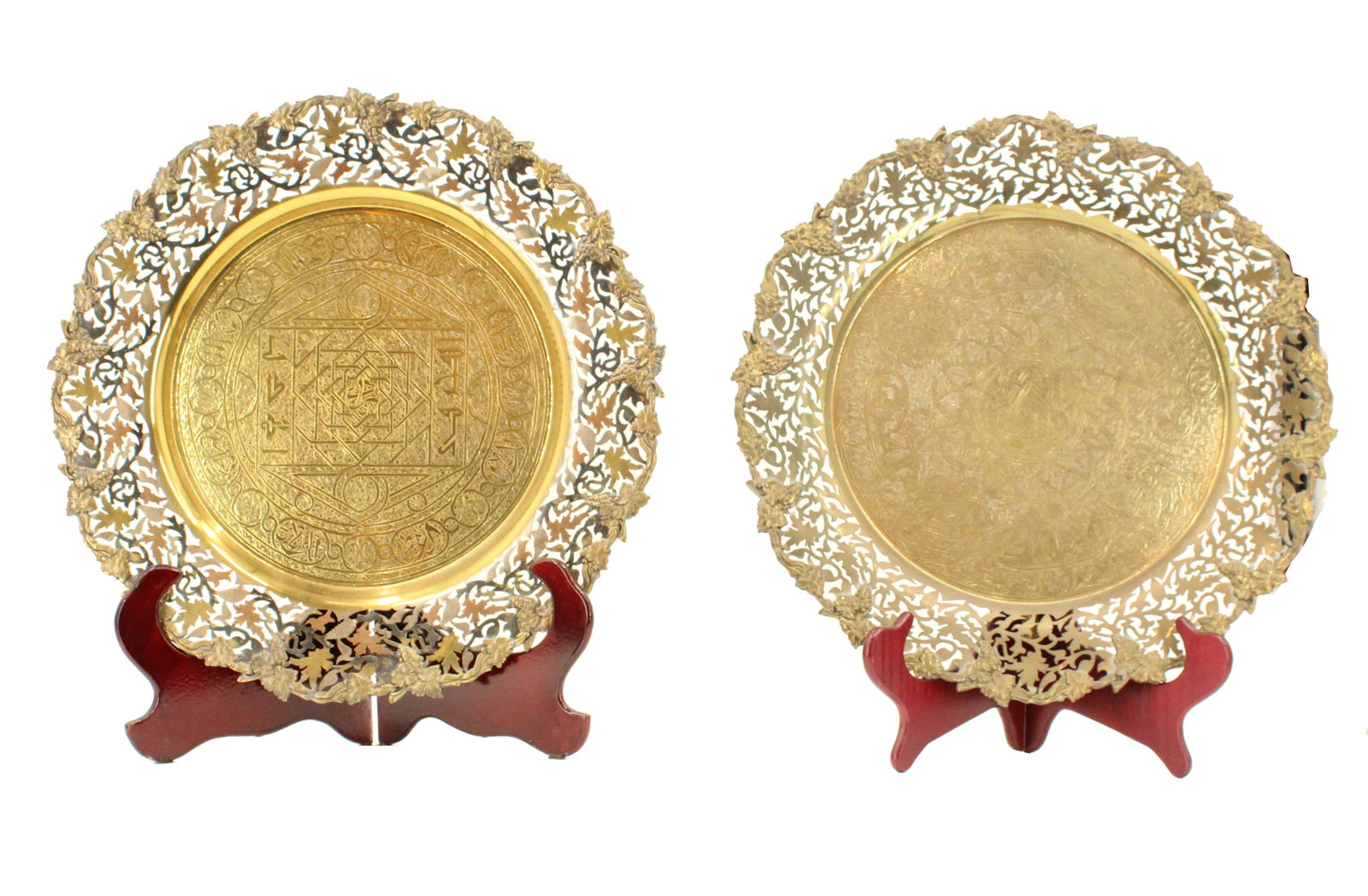Pair of Gilt Reticulated Chargers With Floral Grape Trim With Arabesque Geometric Pattern: Pair of Brass Gilt Reticulated Chargers With Floral Grape Trim With Arabesque Geometric Pattern Size: 19 x 1 1/4 in. #5217
