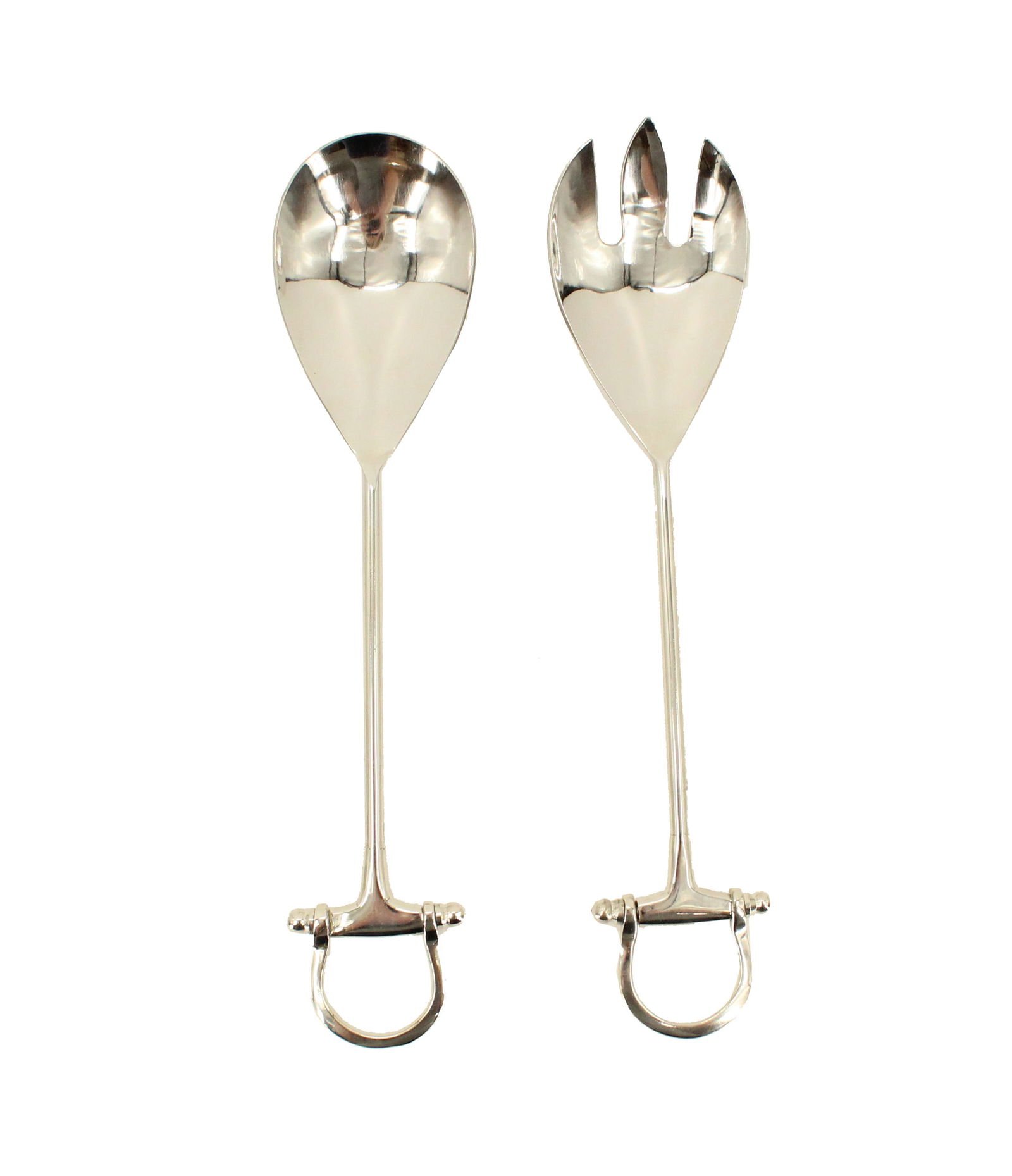 Gucci Style Metal Salad Spoon Stirrup Serving Set: Gucci Style Metal Salad Spoon Stirrup Serving Set. One spoon whole, one pronged for gathering salad to serve. Unique stirrup on end of each, making them easy to hang up to dry off after washing. Unmar