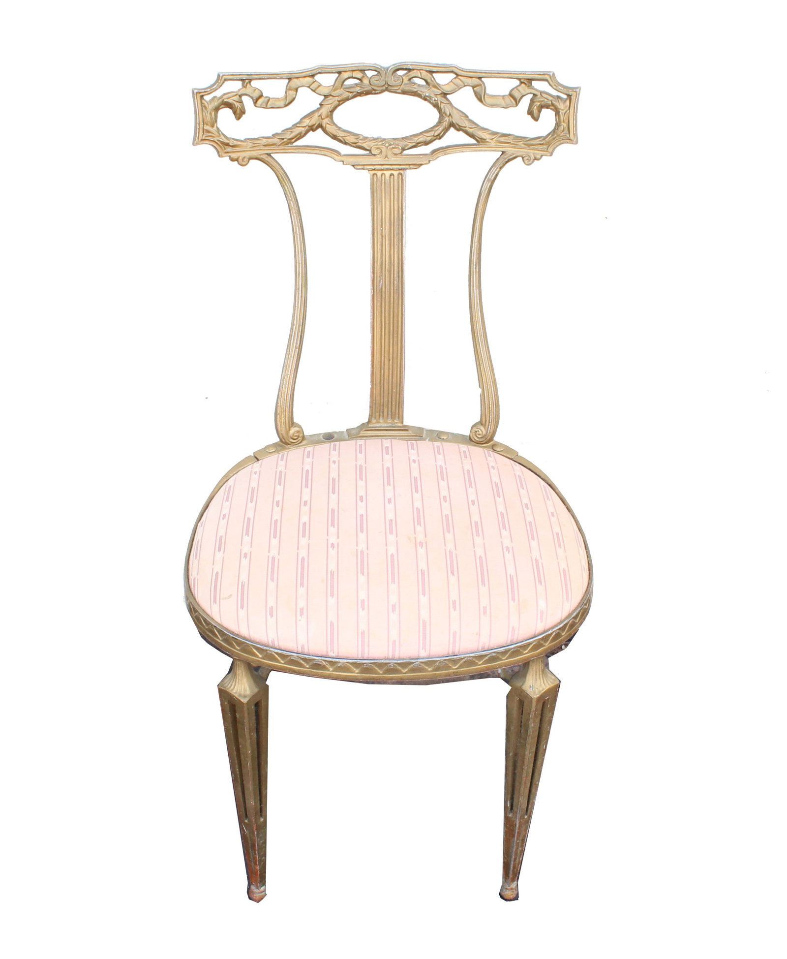 Gilt Metal Italian Side Chair by Palladio: Gilt Metal Italian Side Chair by Palladio. Pink striped upholstery. Size: 17 x 19 x 33 in. #4439