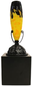 Beautiful 1920s Degue France Vase With Fitted Iron Stand and Wooden Base