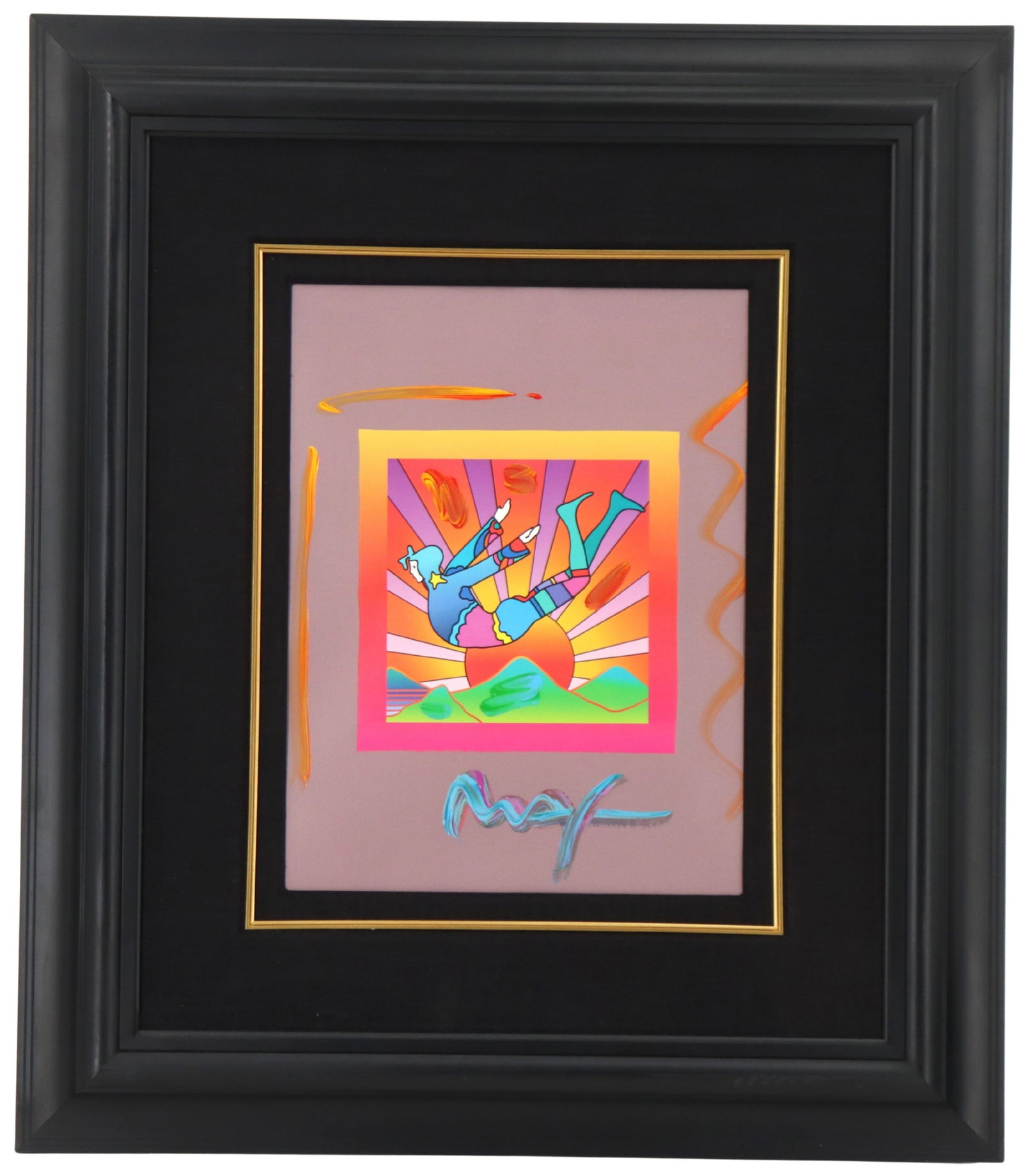Peter Max (Born 1937) American, Mixed Media "Cosmic Flyer": Peter Max (Born 1937) American, Mixed Media "Cosmic Flyer with Sun on Blend". Mixed Media on Paper. Signed in the lower right. Depicting a person in colorful clothes flying in front of an even more vi