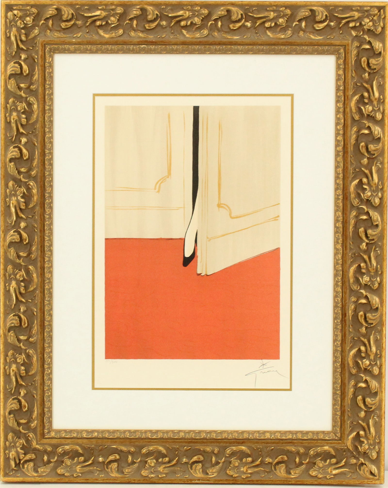 Rene Gruau (1909-2004) French/American, "The Surprise" Color Lithograph: René Gruau (1909-2004) French/American, "The Surprise" Color Lithograph. Shows a tantalizing glimpse of a ankle and pointed foot slowly sticking through an open door. Signed in p