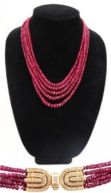 Multi-Strand Faceted Ruby Beaded Necklace With 18k Gold and Diamond Clasp