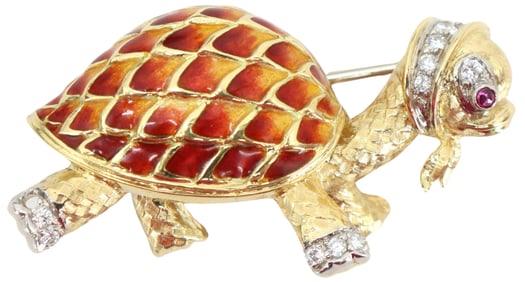 18k Gold, Enamel, and Diamond Italian Brooch - Gross 17.2 g.