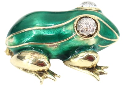 Yellow Gold, Enamel, and Diamond Frog Shaped Brooch - Gross 24.2