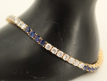 Sapphire, Cubic Zirconia, and 14k Gold Tennis Bracelet - Gross 8.1 g.