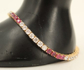 Cubic Zirconia, Ruby and 14K Gold Tennis Bracelet - Gross 7.7 g