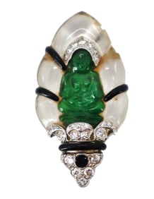 Vintage Tested 14k Gold, Crystal Clip with Jade Buddha and Diamonds - Gross 10.4g.