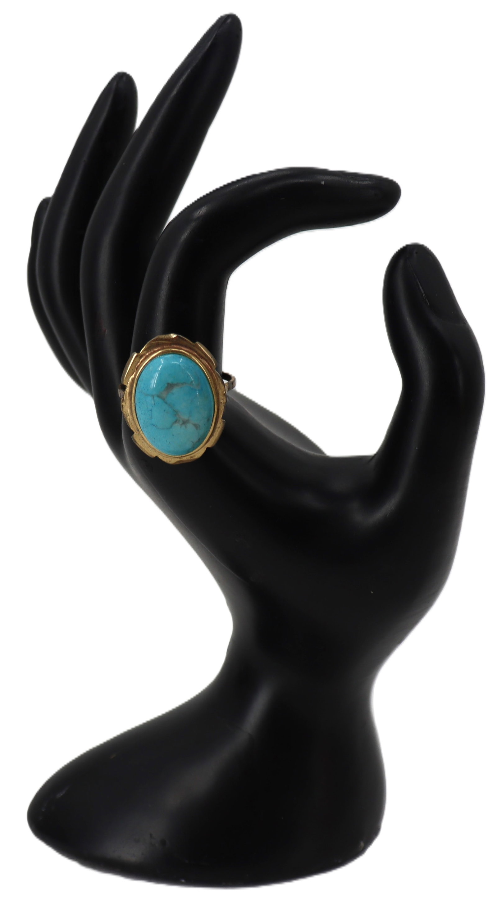 Tested 14k Gold and Turquoise Ring - Gross 4.4 g.: Tested 14k Gold and Turquoise Ring. Top part of ring tested 14k, ring part did not. Oval cabochon cut turquoise set in 14k yellow gold. Decorative scalloped edge. Thin band. Size: 1 x