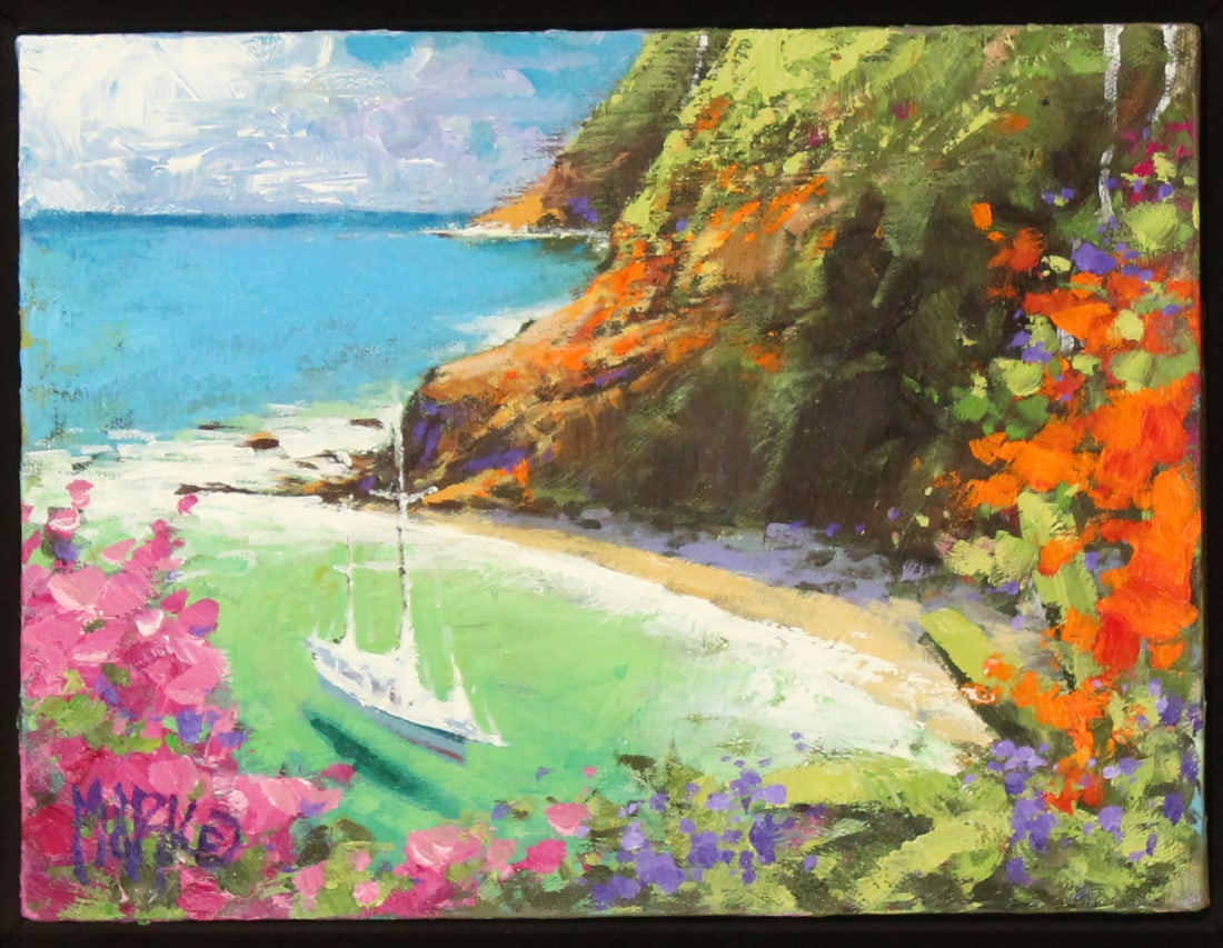 Marko Mavrovich (Born 1960) American, Seaside Landscape Oil on Canvas: Marko Mavrovich (Born 1960) American, Seaside Landscape Oil on Canvas. Depicts a sailboat sheltering in a small tidal pool along a mountainous coast, surrounded by brilliantly lush plants and vegetati