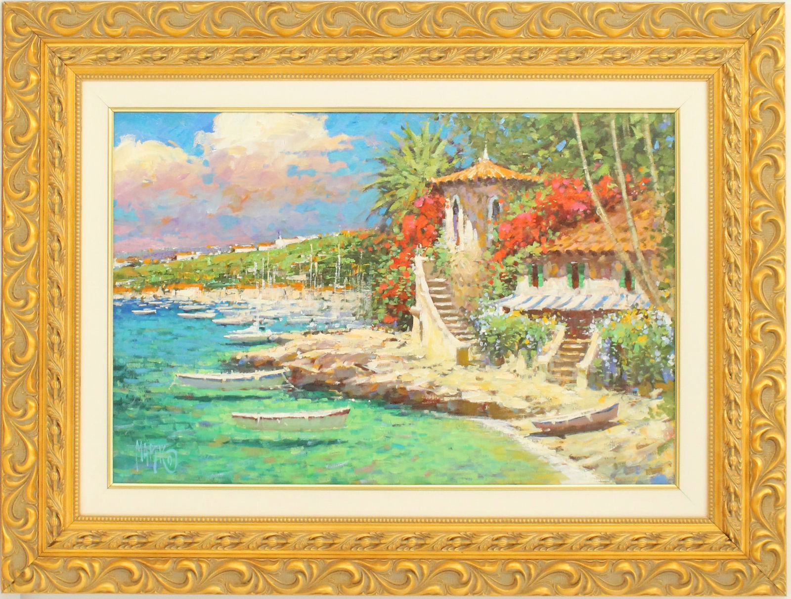 Marko Mavrovich (Born 1960) American, Harbor Scene Oil on Canvas: Marko Mavrovich (Born 1960) American, Harbor Scene Oil on Canvas. Beautiful Mediterranean view of a villa and boats near and far as the eye can see. Signed bottom left. Signed again on the back and da