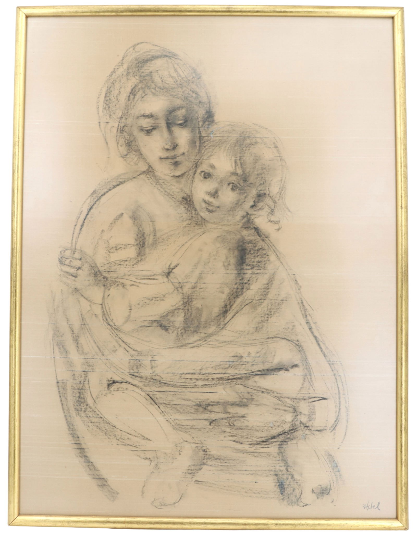 Edna Hibel (1917-2014) American Charcoal on Silk Titled Mother and Child (1 of 10)