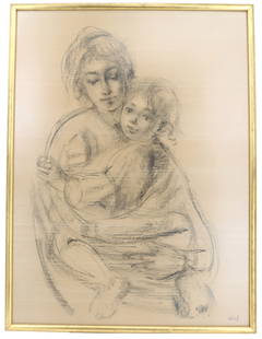 Edna Hibel (1917-2014) American Charcoal on Silk Titled Mother and Child: Edna Hibel (1917-2014) American Charcoal on Silk Titled Mother and Child. Overall Size: 41 1/2 x 31 1/2 in. Sight Size: 39 1/4 x 24 1/4 in. #9535