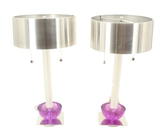 Pair of Hivo Van Teal Style Amethyst Lucite Lamps With Aluminum Shades