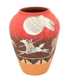 Richard Underbaggage (Born 1956) Lakota Sioux, Hand Painted Harvest Vase
