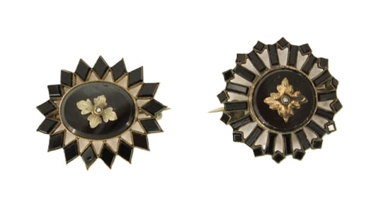 (2) Victorian Brass and Onyx Mourning Pins