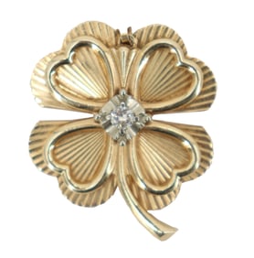 14k Gold and Diamond Four Leaf Clover Pendant/Pin - Gross 6.9 g.