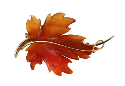 14K Gold Carnelian Leaf Pin
