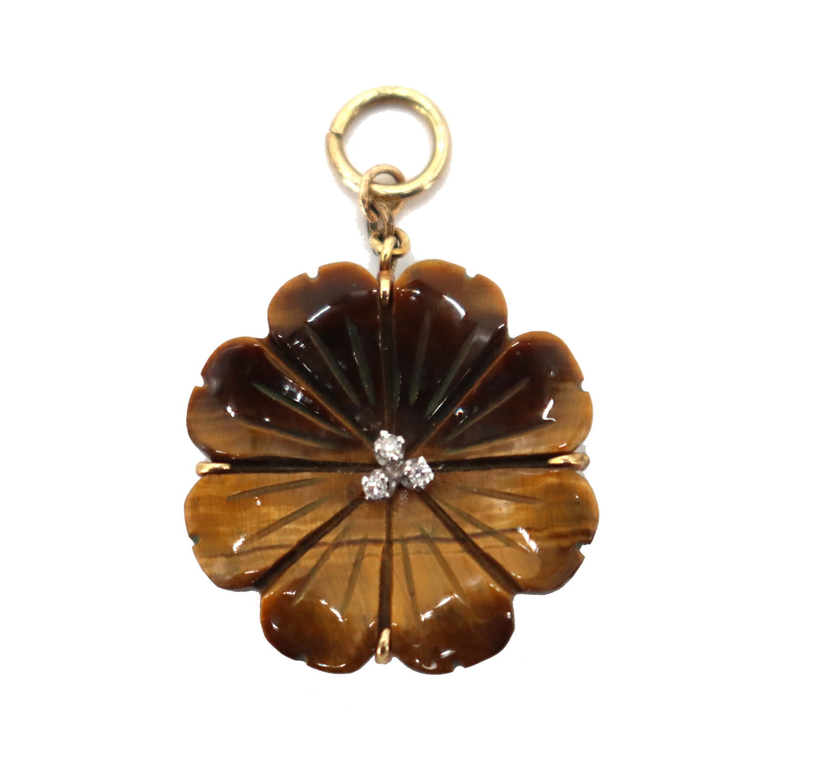 Tiger's Eye and Diamond Pendant: Tiger's Eye and Diamond Pendant. Tigers eye carved to look like a flower. 3 small round cut diamonds in center. Size: 1 x 1 1/2 in. #9217