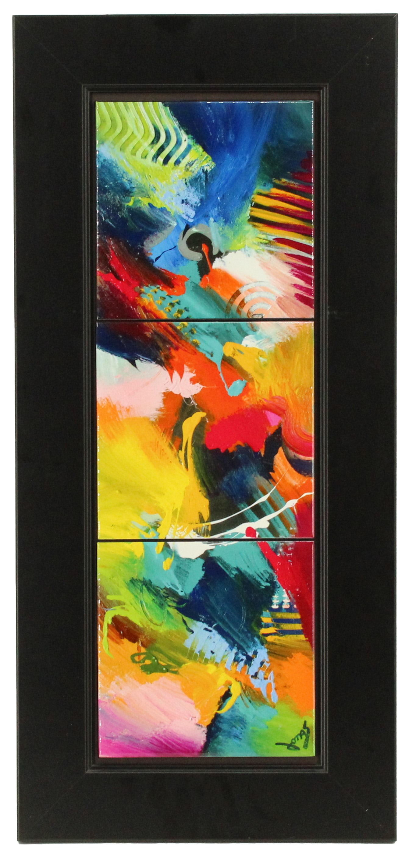 Jonas Gerard (1941-2020) American, Framed Dye Sublimation Ceramic Tile Wall Art: Jonas Gerard (1941-2020) American, Framed Dye Sublimation Ceramic Tile Wall Art. A series of three brightly colored square tiles arranged vertically. Signed by the artist in the bottom right of the bo