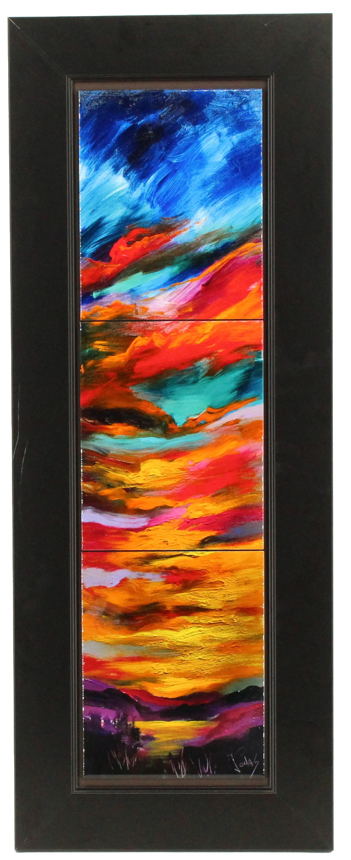 Jonas Gerard (1941-2020) American, Framed Dye Sublimation Ceramic Tile Wall Art: Jonas Gerard (1941-2020) American, Framed Dye Sublimation Ceramic Tile Wall Art. A series of three brightly colored rectangular tiles arranged vertically creating a stunning sunset over a lake. Signed