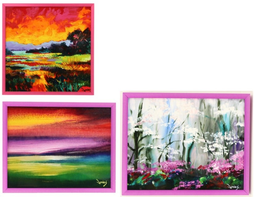 Jonas Gerard (1941-2020) American, (3) Dye Sublimation Ceramic Tile Wall Art Pieces:  Jonas Gerard (1941-2020) American, (3) Dye Sublimation Ceramic Tile Wall Art Pieces. One square (title: "The Land of Color"), two rectangular (titled: "Fleeting Moment 23" an