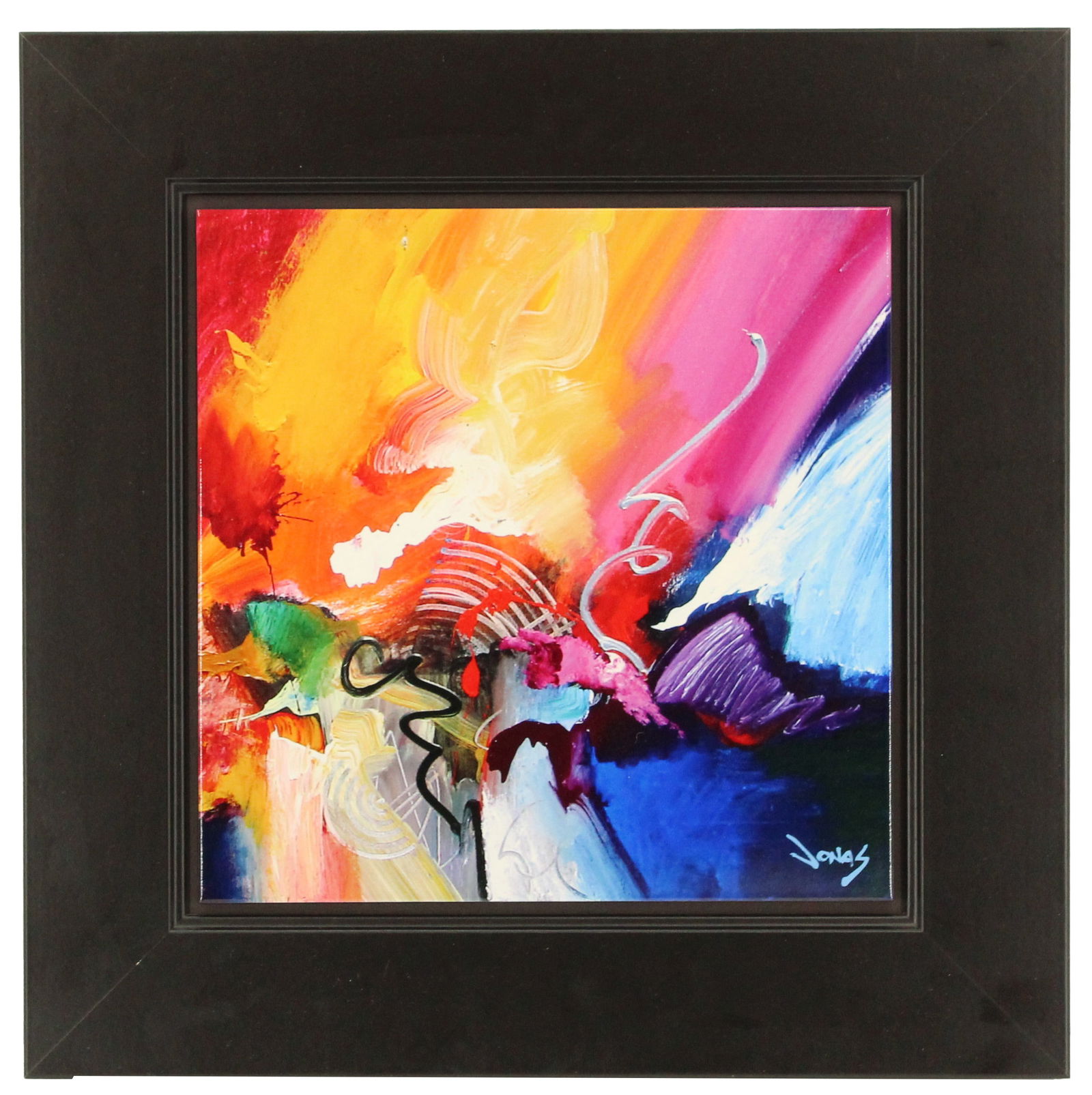 Jonas Gerard (1941-2020) American, Framed Dye Sublimation Ceramic Tile Wall Art:  Jonas Gerard (1941-2020) American, Framed Dye Sublimation Ceramic Tile Wall Art. A brightly colored square tile. Signed by the artist bottom right. A label on the back gives prior pric