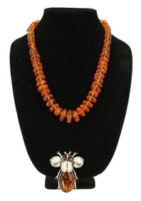 (2) Amber Pieces of Jewelry - Necklace and Brooch