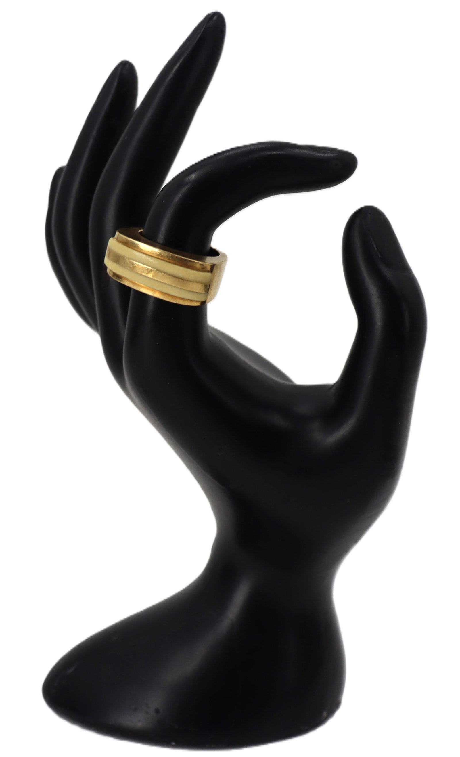 18k Yellow Gold and Bone Ring - Gross 10.0 g.: 18k Yellow Gold and Bone Ring. Marked on inside. Yellow gold ring with two bands of bone along front. Size: 1 x 1/2 x 1 in. Ring Size: 6.75 Gross Weight: 6.4 dwt. 10.