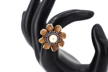 Tested 14k Gold, Sapphire, and Cultured Pearl Ring - Gross 8.2 g.
