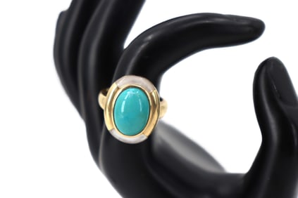 Mother of Pearl, 14k Gold, and Glass Ring - Gross 6.5 g.