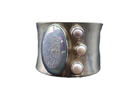 Marked 925 Silver, Pearl, and Stone Cuff Bracelet - Gross 3.015 ozt.