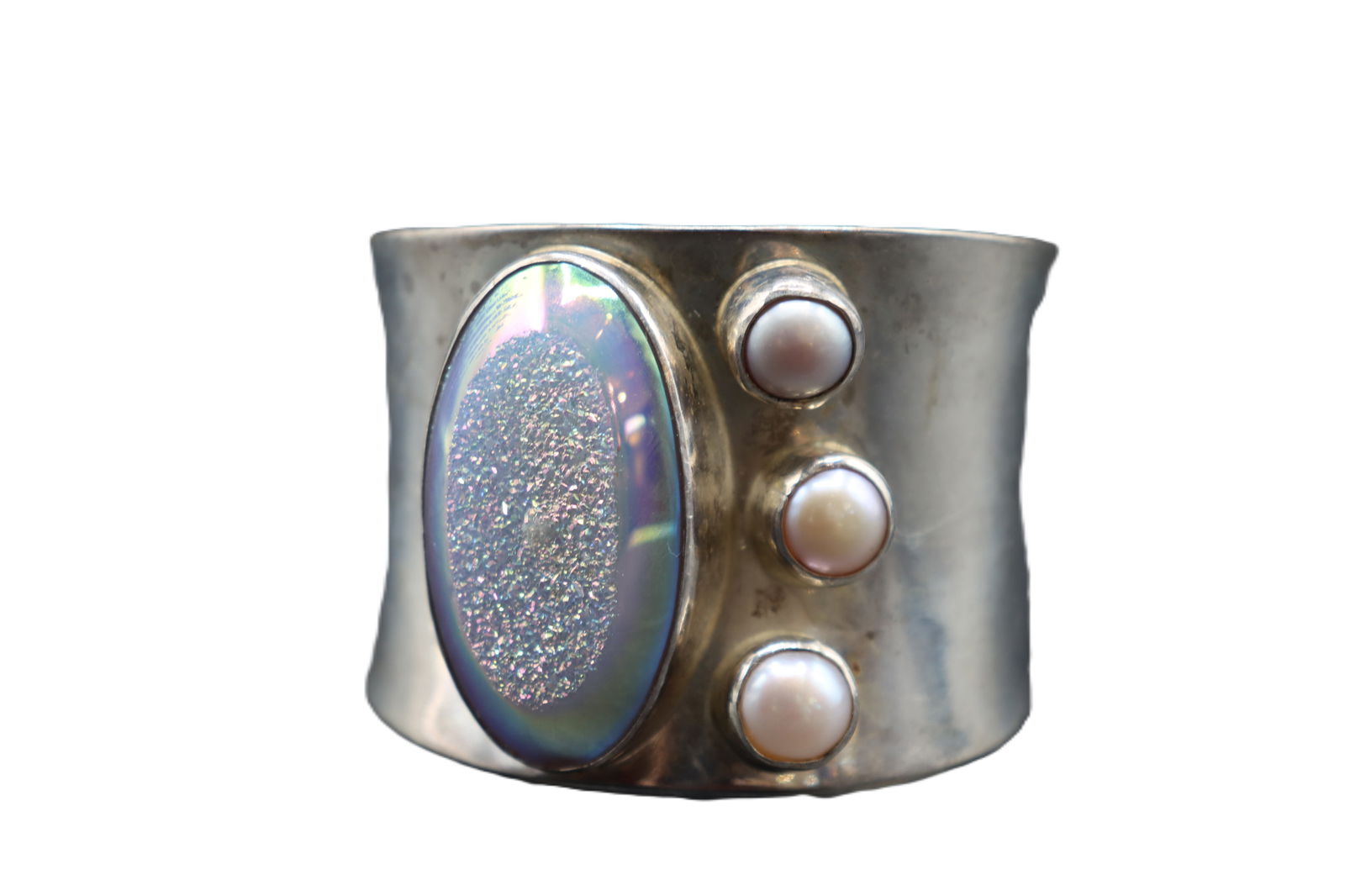 Marked 925 Silver, Pearl, and Stone Cuff Bracelet - Gross 3.015 ozt. (1 of 9)