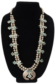 Navajo Silver Squash Blossom Necklace with Turquoise - Gross 4.105 ozt.