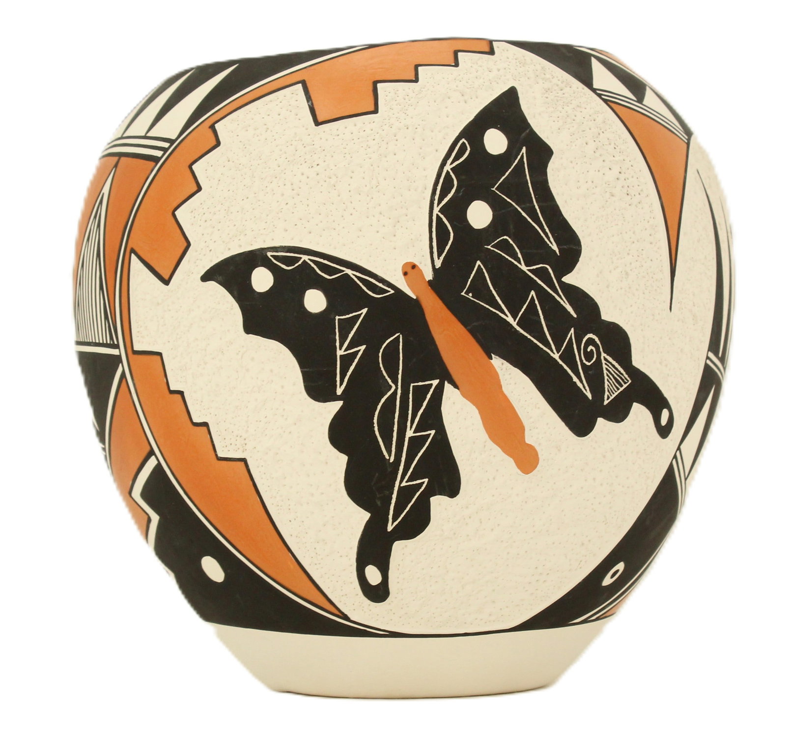 B. Victorino (21st Century) Puebloan, Acoma New Mexico Pictorial Pottery Vase: B. Victorino (21st Century) Puebloan, Acoma New Mexico Pictorial Pottery Vase. Depicts a big elaborate butterfly on one side and a bear with his footprints on the other, with many black, white, and or