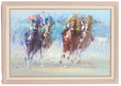Anthony Veccio (Born 1949) American, Oil on Canvas Impressionist Equestrian Scene "Day at the Races"
