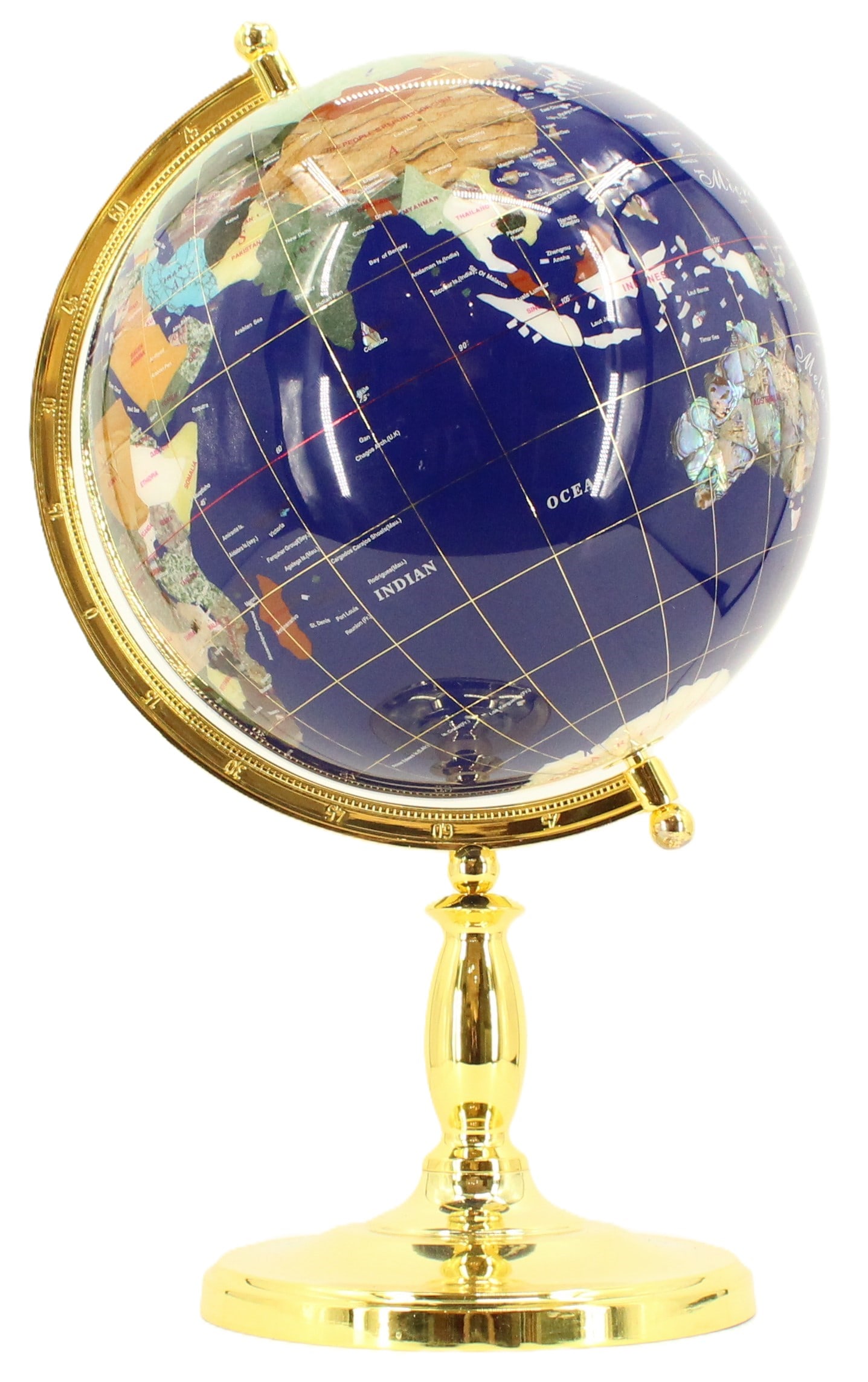 Kalifano Semi-Precious Stones World Globe: Kalifano Semi-Precious Stones World Globe. Incredibly detailed map with countless different stones for each country, on an 8 inch-tall highly polished gold tone metal column and base. Kalifano is