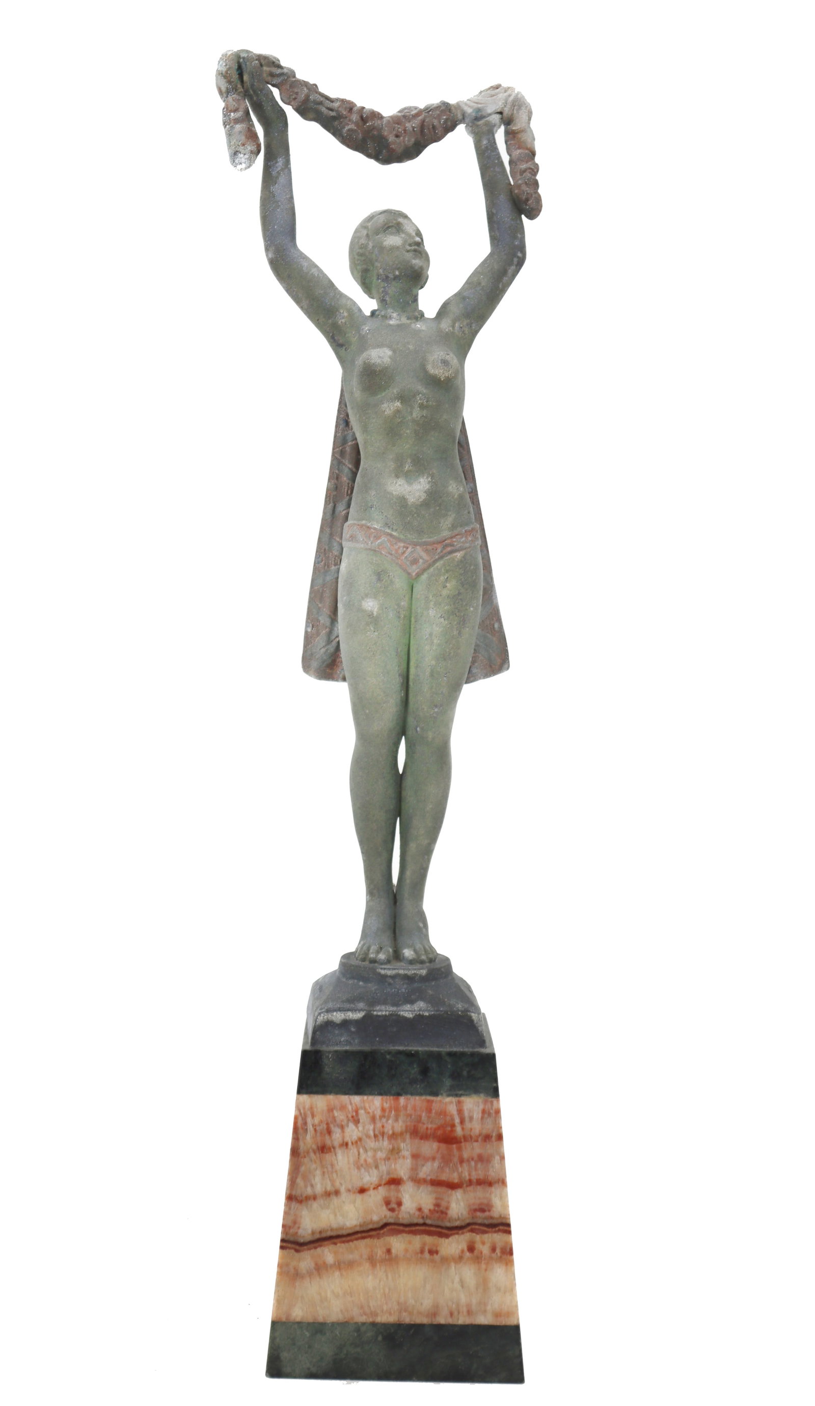 After Salvadoro –Semi Nude Garland Girl: A French spelter lady, semi-nude and offering a garland of flowers, mounted on a pyramid base of mixed marbles. She has a green patina. Size: 4 x 4 x 20 in. #9028