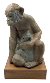 Spanish Lladro Porcelain Monkey With Child on Wooden Base
