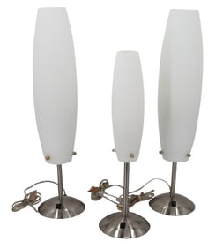(3) White Oblong Glass Shade and Chrome Base Lamps