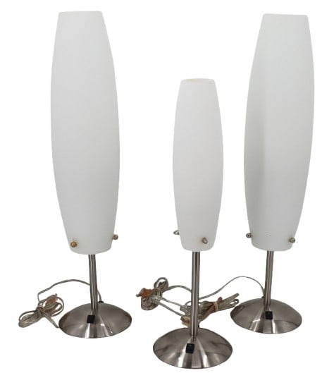 (3) White Oblong Glass Shade and Chrome Base Lamps: (3) White Oblong Glass Shade and Chrome Base Lamps. Mid-Century modern style with Scandinavian design influences. Model #50390-BS. Diffusers made of white glass in an oblong shape, with a smooth, matt