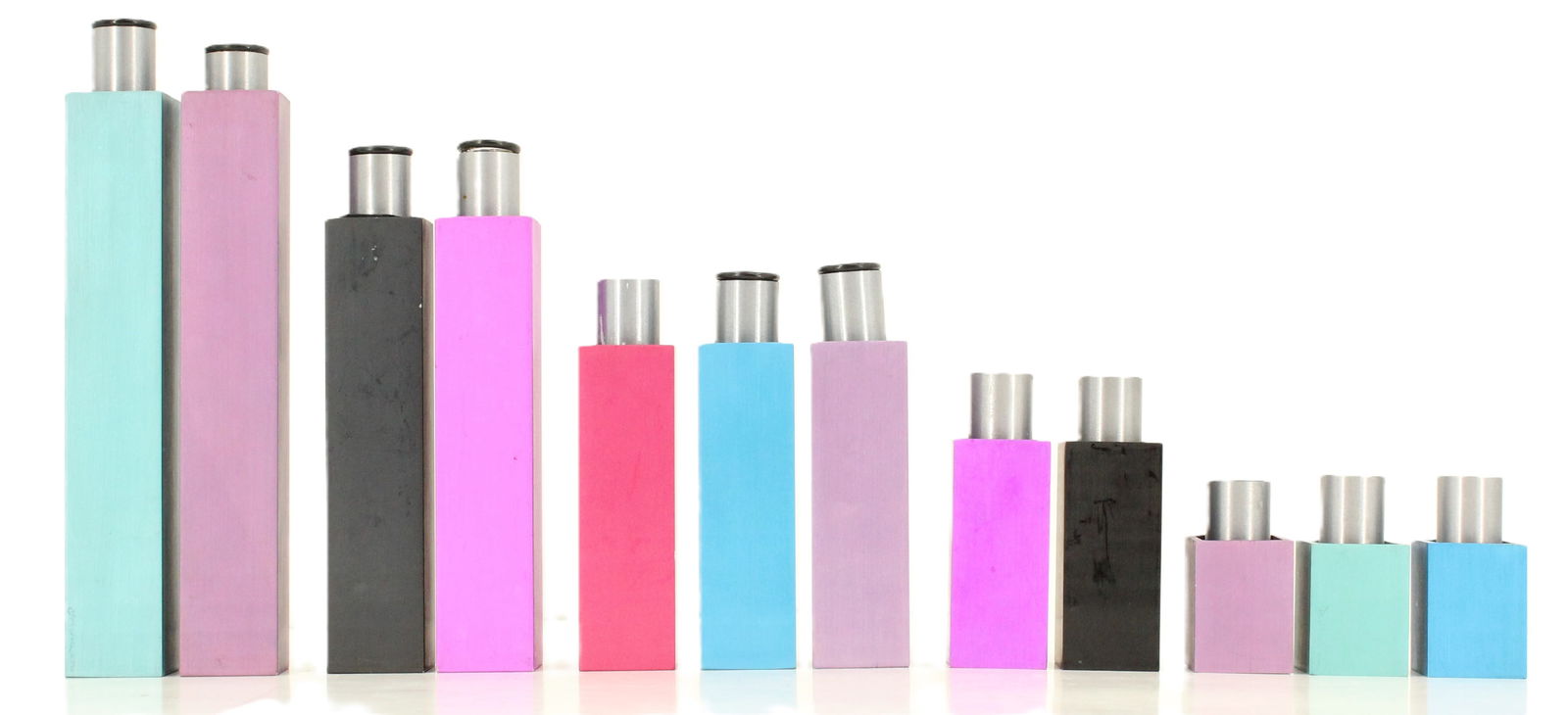 (12) Collection of Signed David Tisdale Anodized Aluminum Candleholders: (12) Collection of Signed David Tisdale Anodized Aluminum Candleholders. Signed and dated 1986. Glass tubes are built in to hold candles. The candlesticks are missing six of the glass tubes and one is